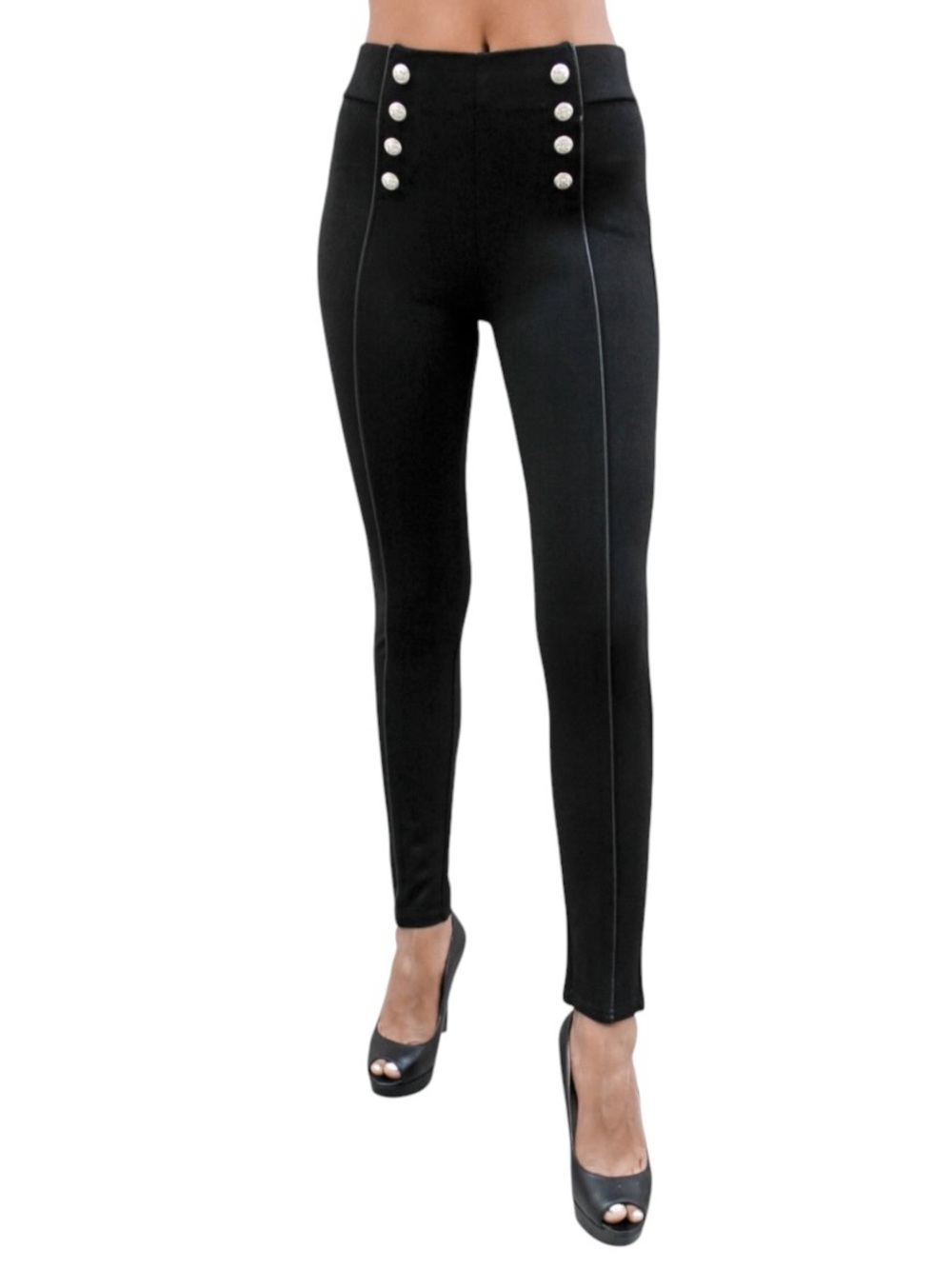 Unique vintage Slim High-Waist Black Stretch Joggers with Decorative Buttons